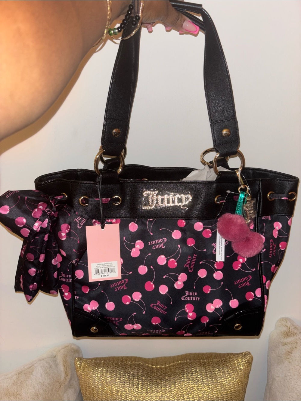 Juicy Couture Black Tote with Pink Cherry Print and Pom Charm